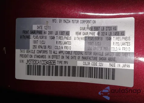 2012 Mazda Cx-9 Touring z USA, uszkodzony, nr VIN JM3TB3CA1C0349936